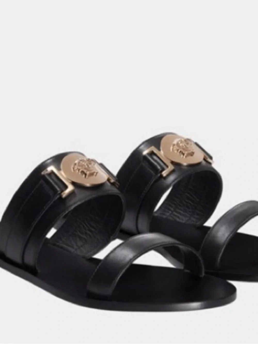 Versace Black Leather Slide Sandals with Gold Medallion
